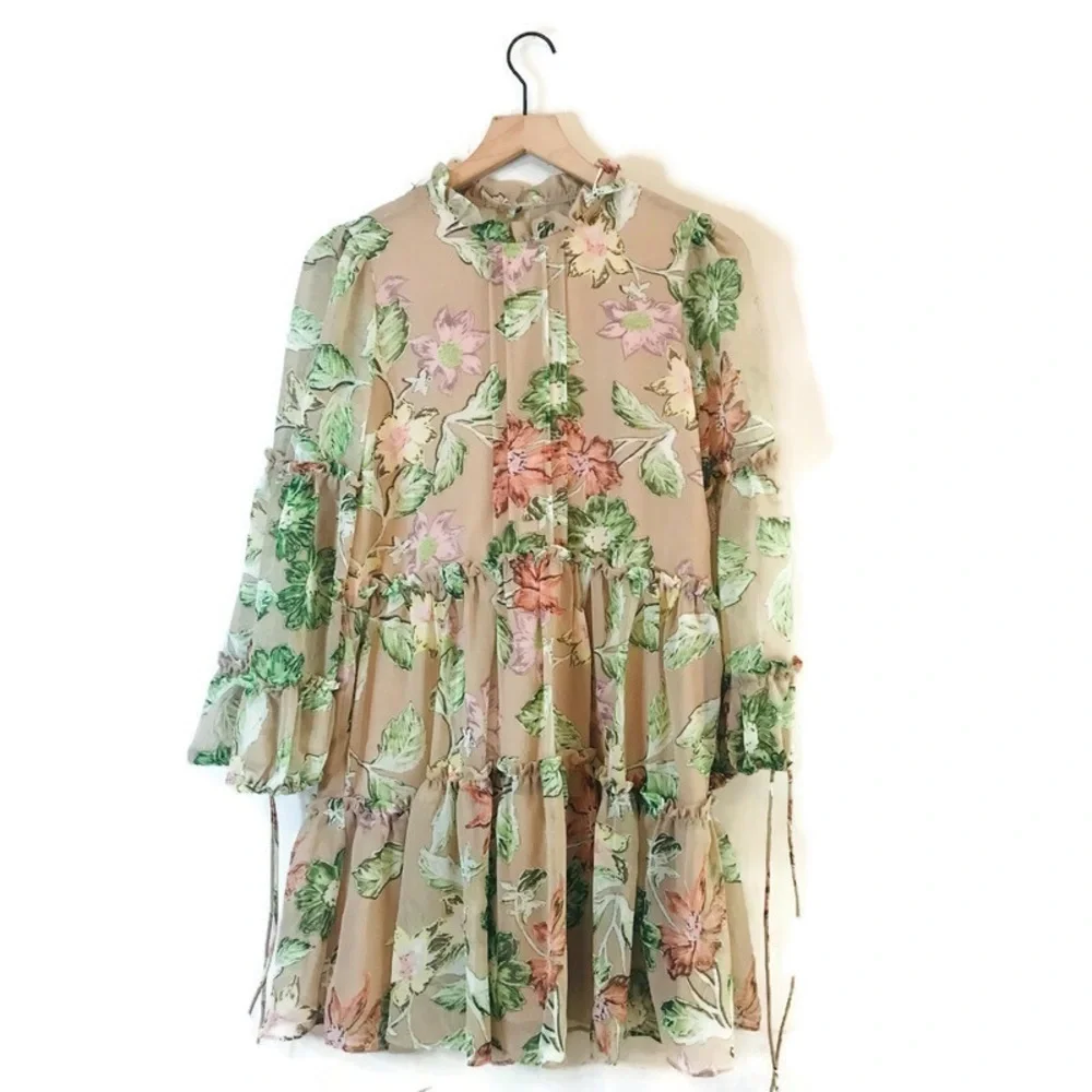 Princess Polly Eden Bloom Blush Floral Mini Beige Floral Ruffle Tiered Dress 0 - Picture 3 of 12